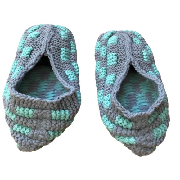 Vintage Turquoise Grey Checker Warm Cozy Slippers - Picture 3 of 6